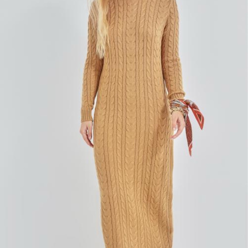 Cozy Long Sleeve Cable Knit Dress in Tan, 50 cotton, made in Turkey